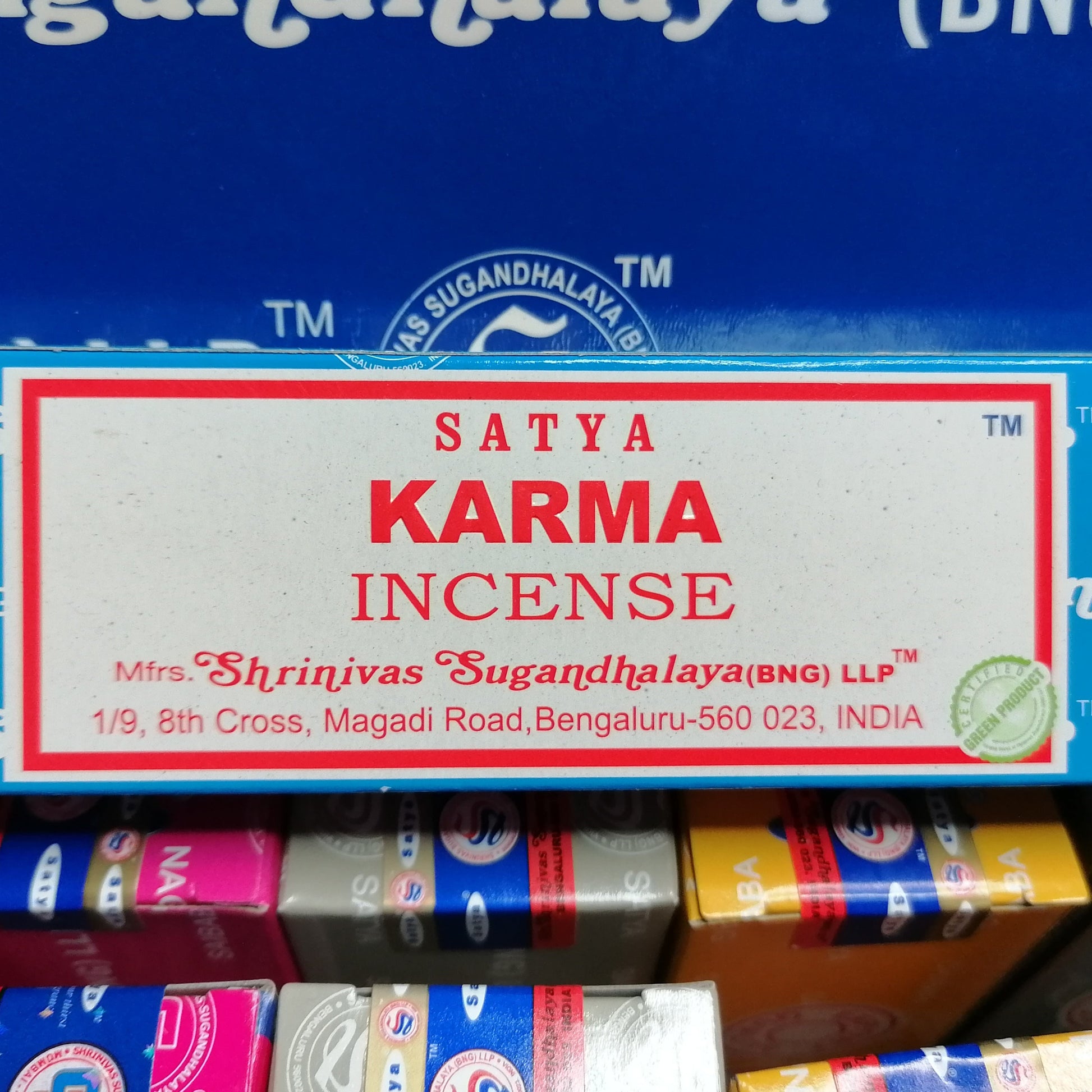 Karma Satya incense joss sticks in a blue box