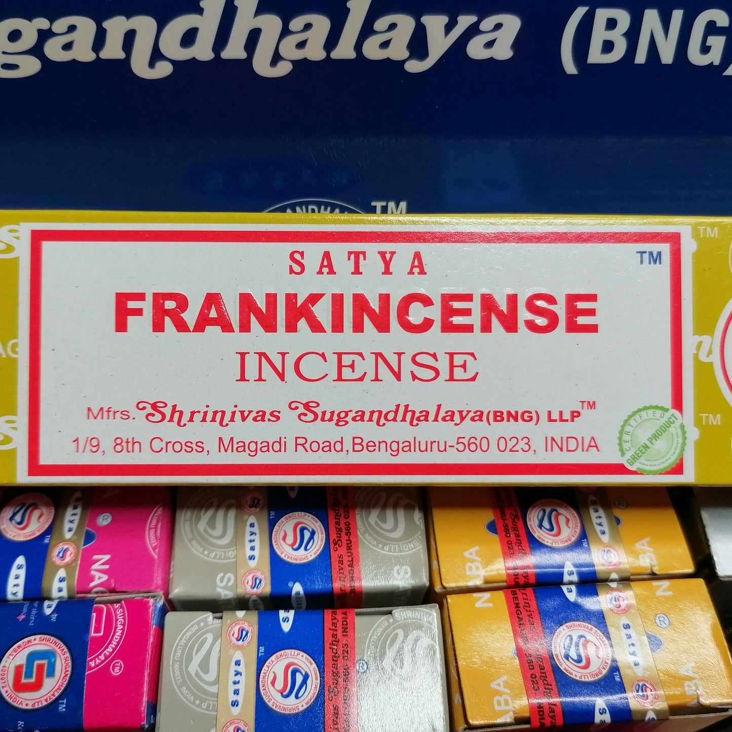 frankincense Satya incense joss sticks in a yellow box