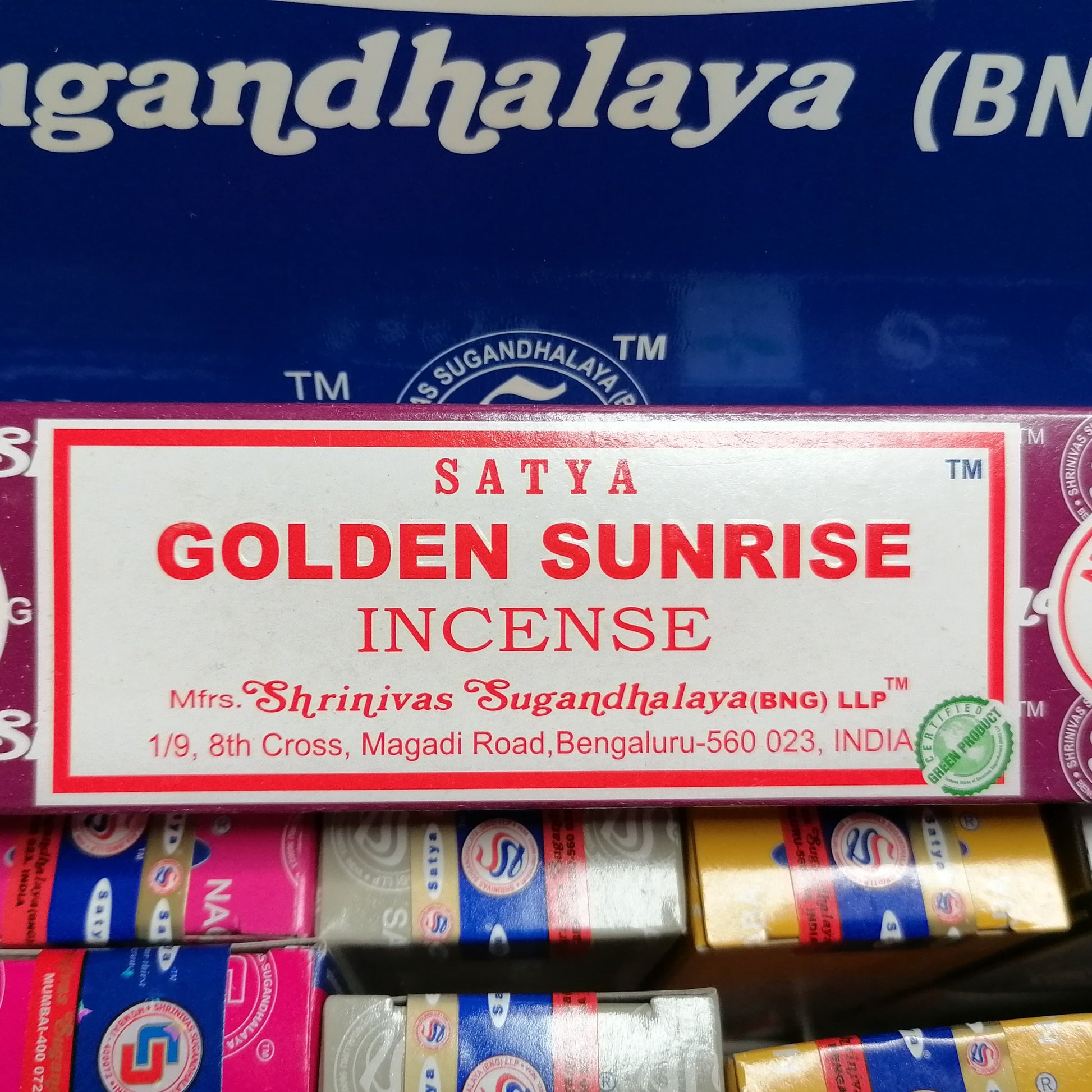 golden sunrise Satya incense joss sticks in a brown box