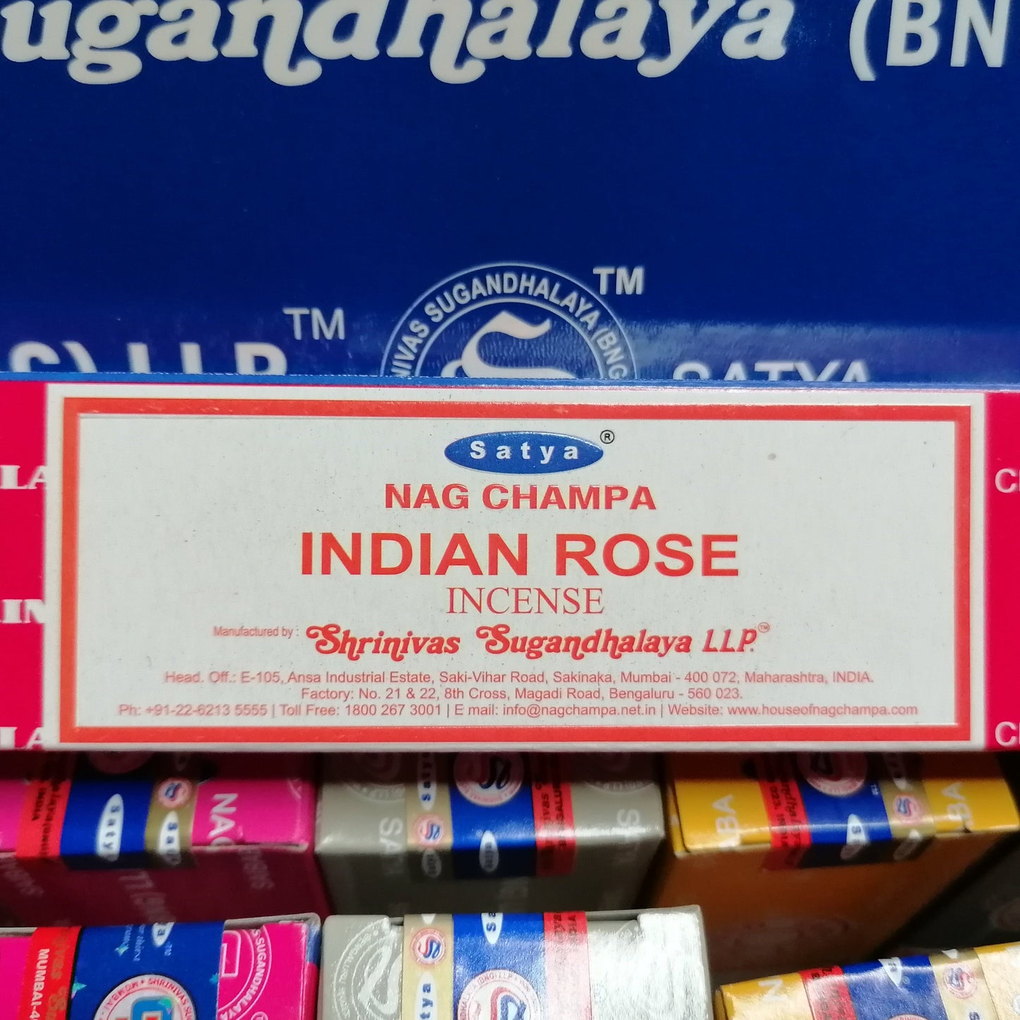 Indian Rose Satya incense joss sticks in a pink box