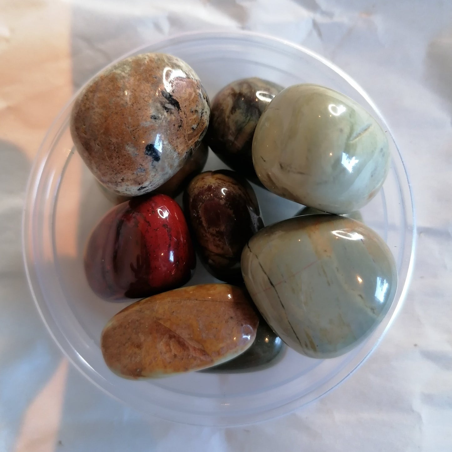 green, red and brown polychrome jasper tumblestones