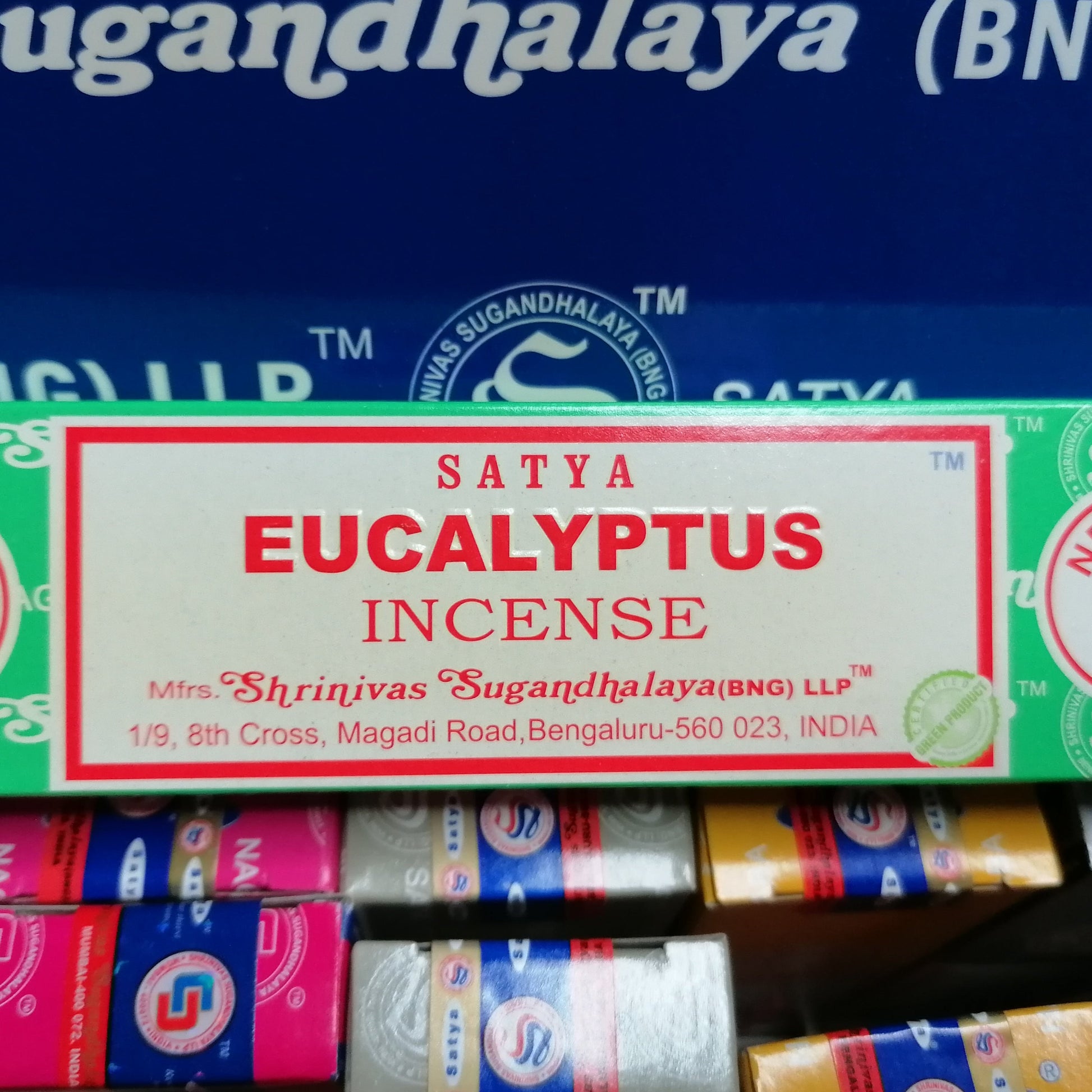 eucalyptus Satya incense joss sticks in a green box