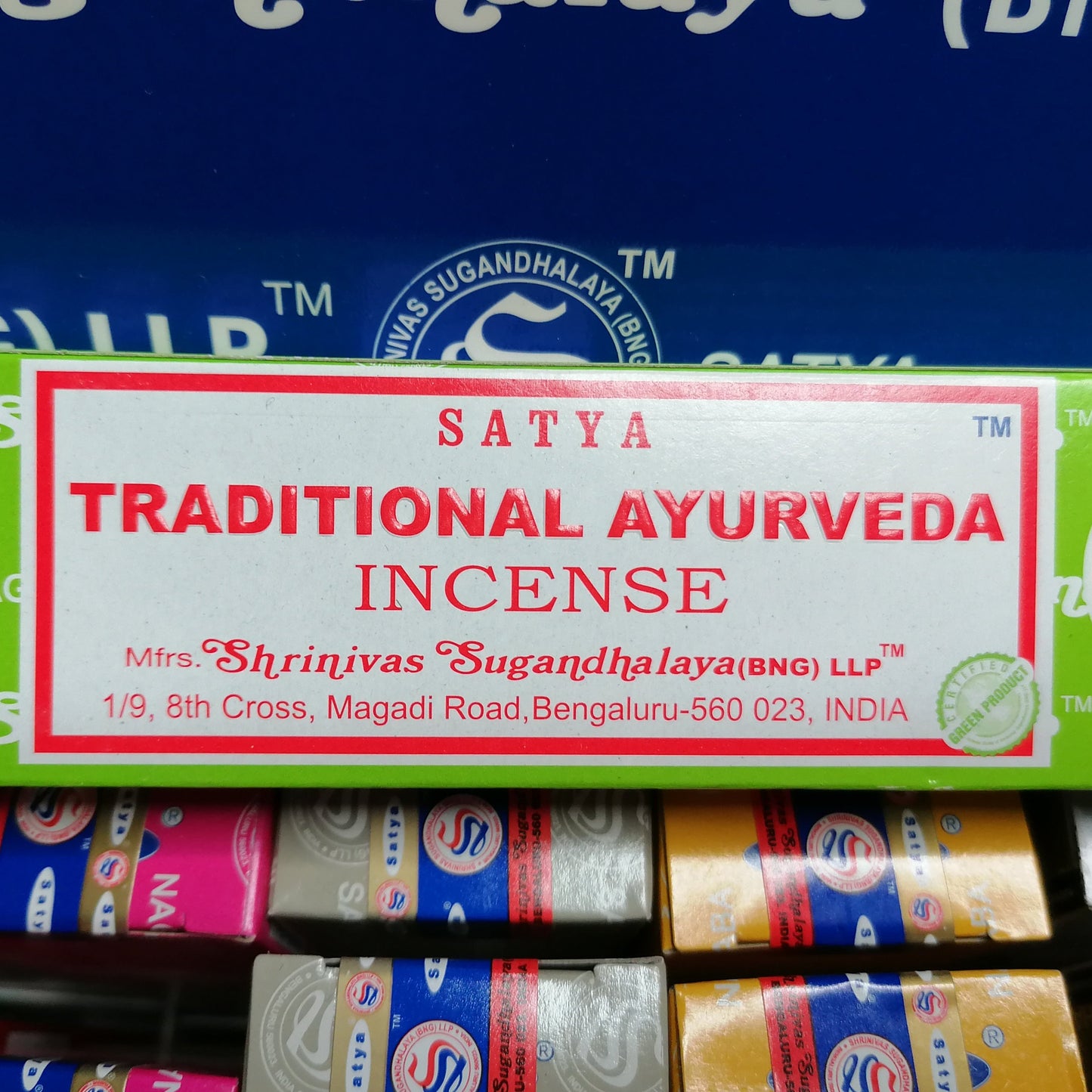 Traditional Ayurveda incense joss sticks in a green box