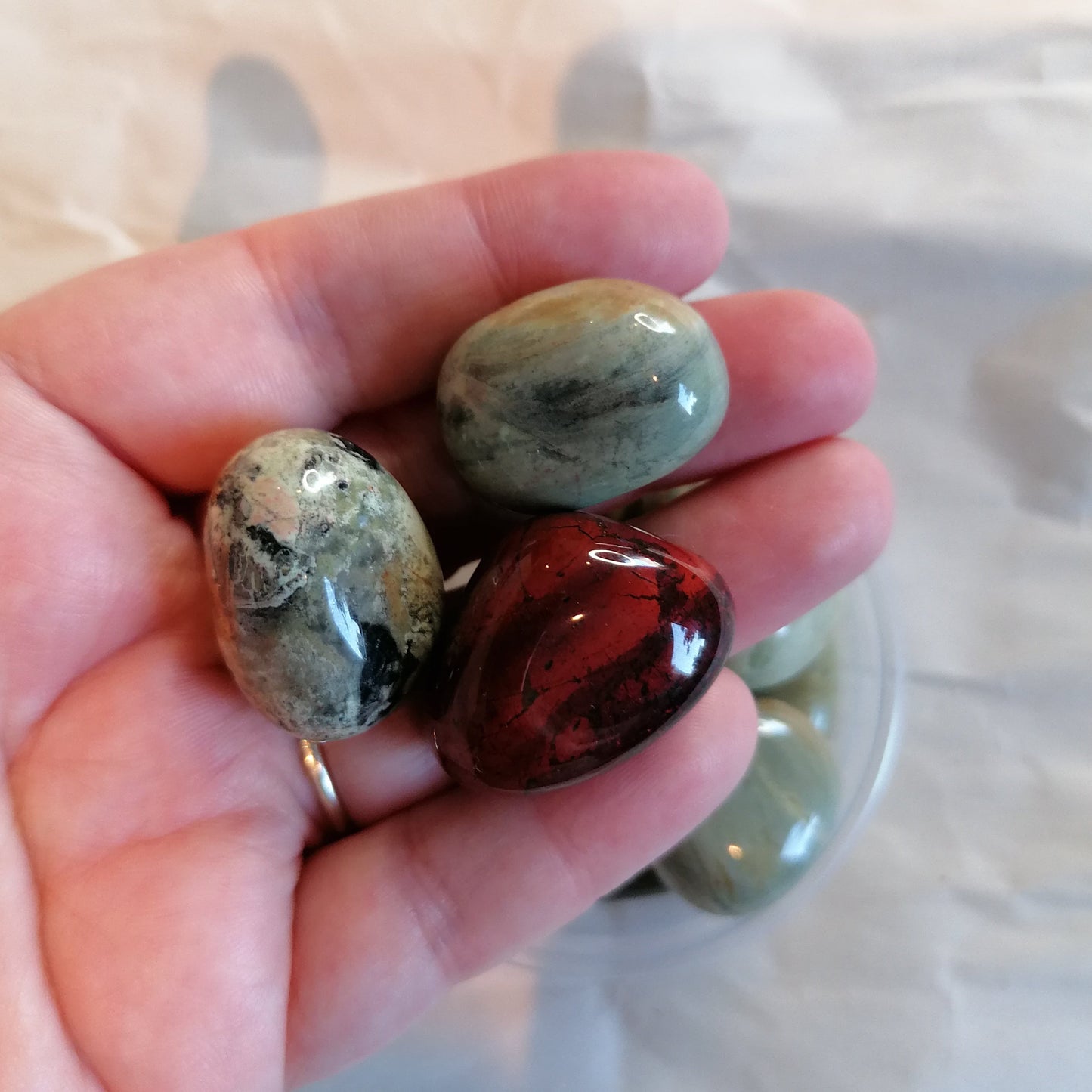 green, red and brown polychrome jasper tumblestones