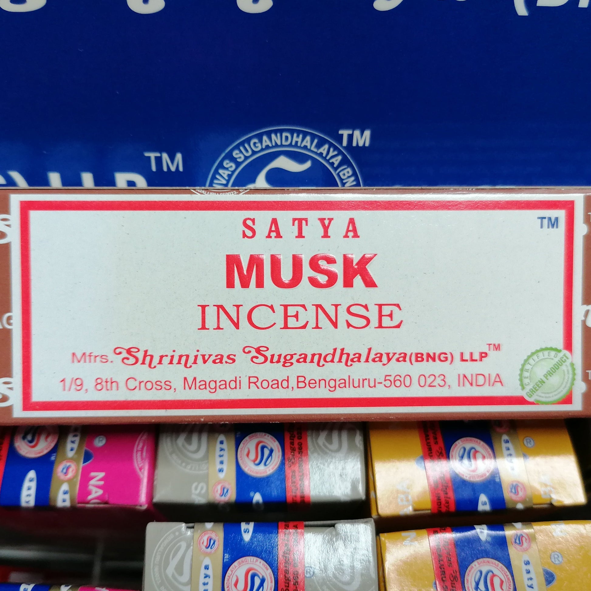 Musk Satya incense joss sticks in a brown