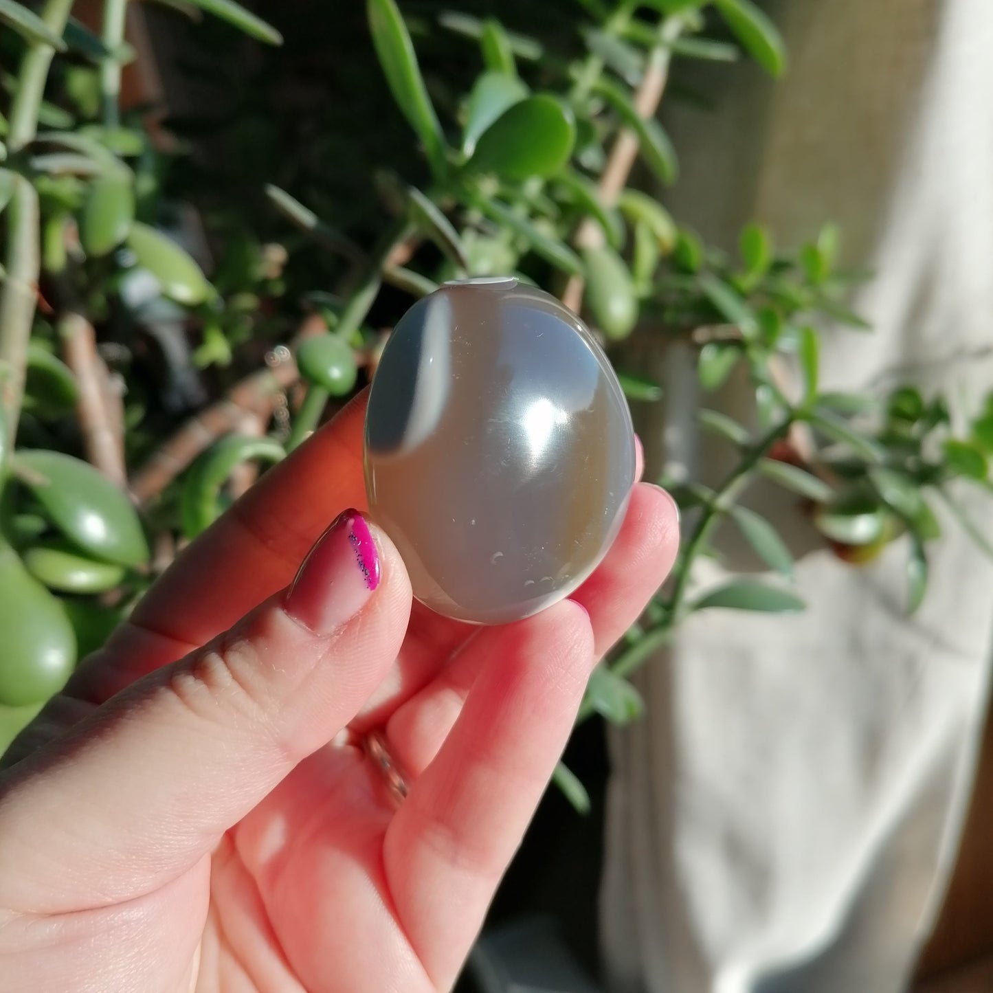 white and grey orca agate palm stone